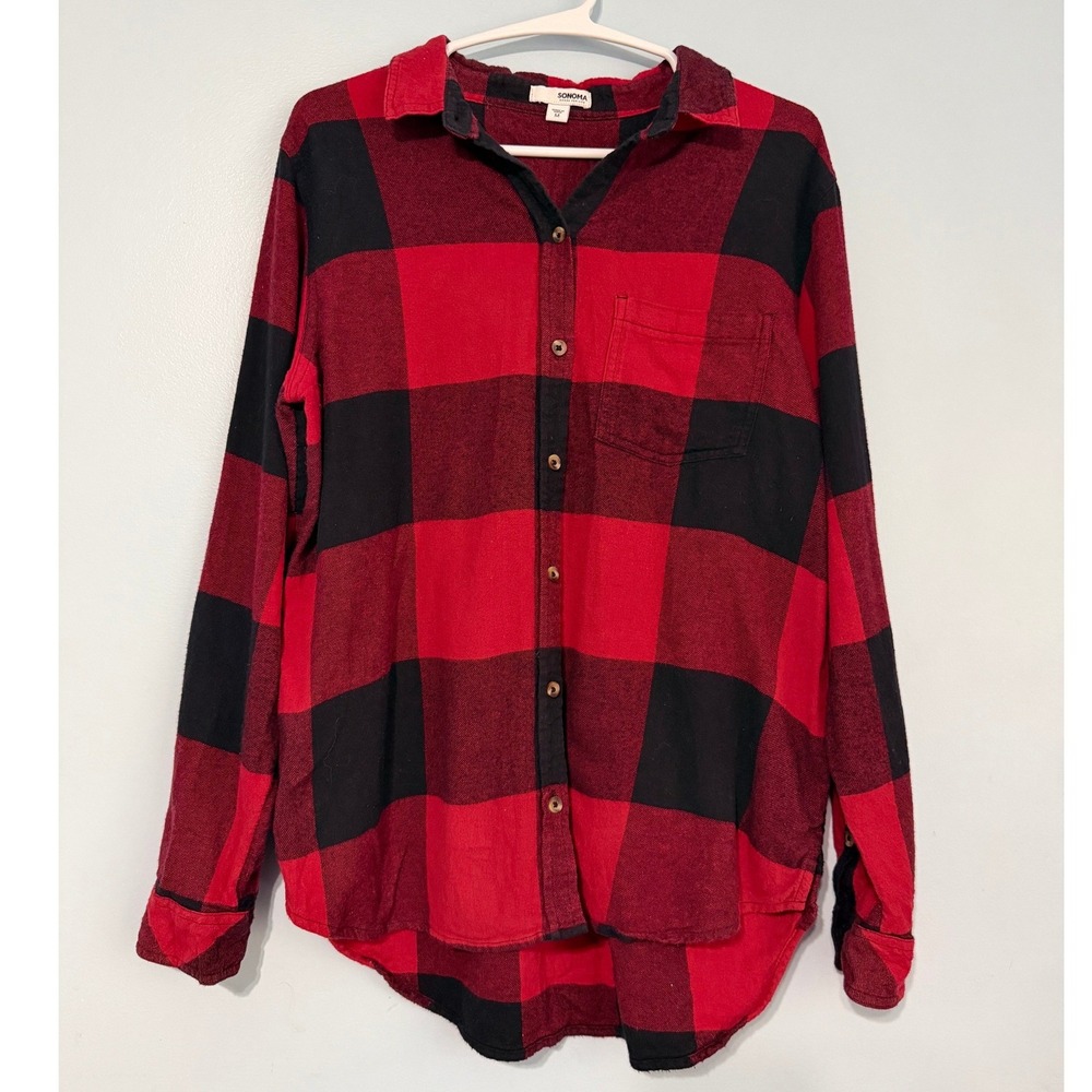 Sonoma Goods for Life Women's M Red Black Buffalo Plaid Flannel Shirt